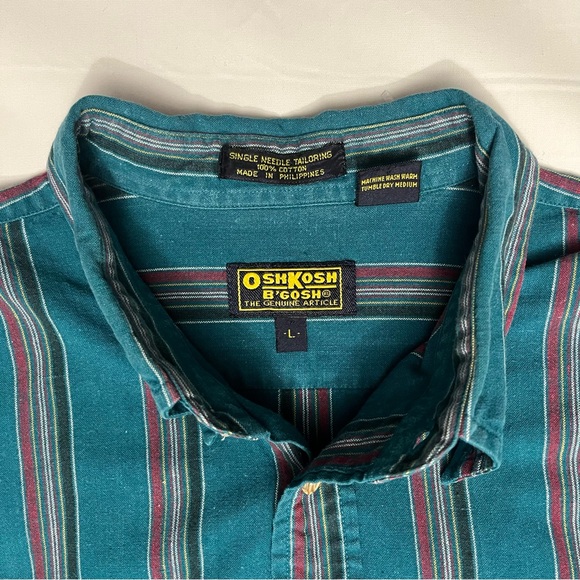 Vintage Men’s Oskkosh B’Gosh Striped Teal Shirt Size Large - Picture 6 of 16